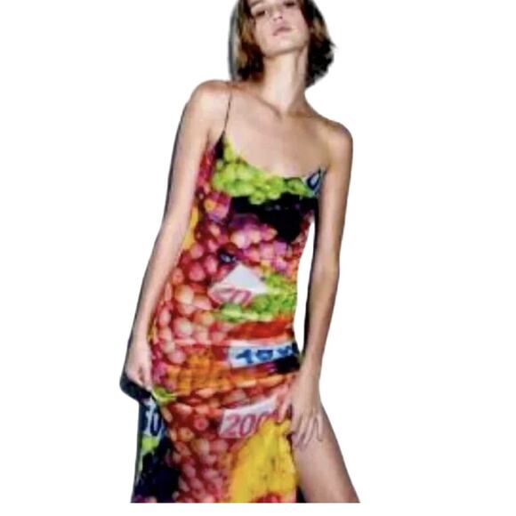 ZARA Ruched Mesh Fruit Stand Fitted Strappy Side Slit Maxi Slip Dress Medium NWT - Picture 1 of 3